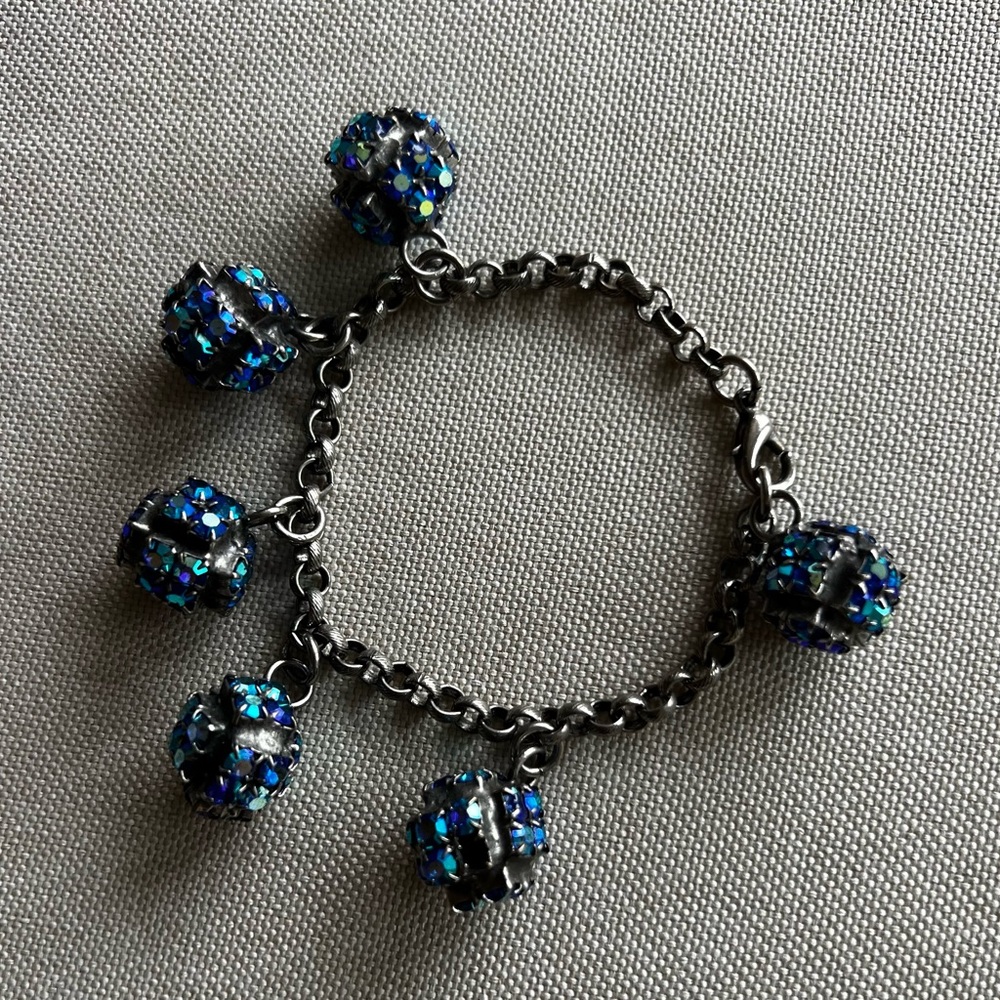 Blue Rhinestone Charm Bracelet Gunmetal Crystal Statement Sparkly Jewelry